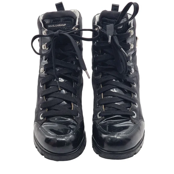 DOLCE & GABBANA Black Lace Up Boots Size 38 7.5 with Gold Accents - Picture 4 of 10